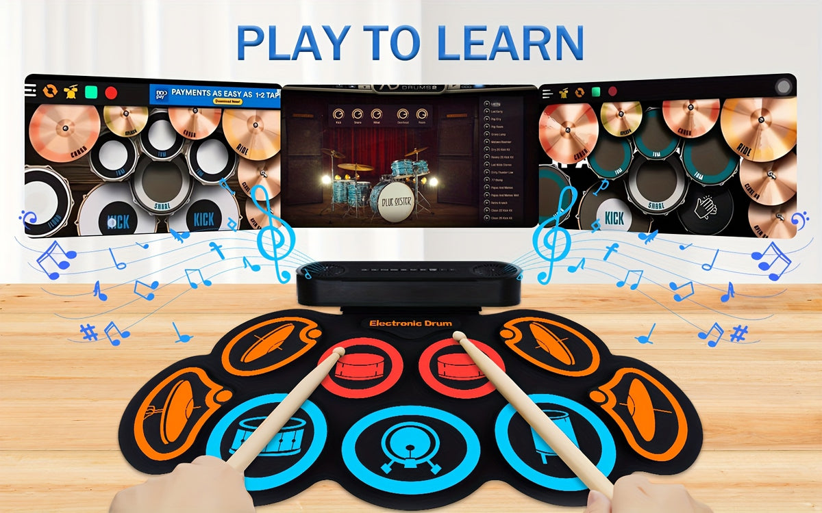 Electronic Drum Set, 9-Pads Roll-Up Electric Drum Pad Kit with Headphone Jack 10Hrs Playtime Built-In Speaker with Drumsticks Pedals, Xmas Birthday Gift for - product image 9