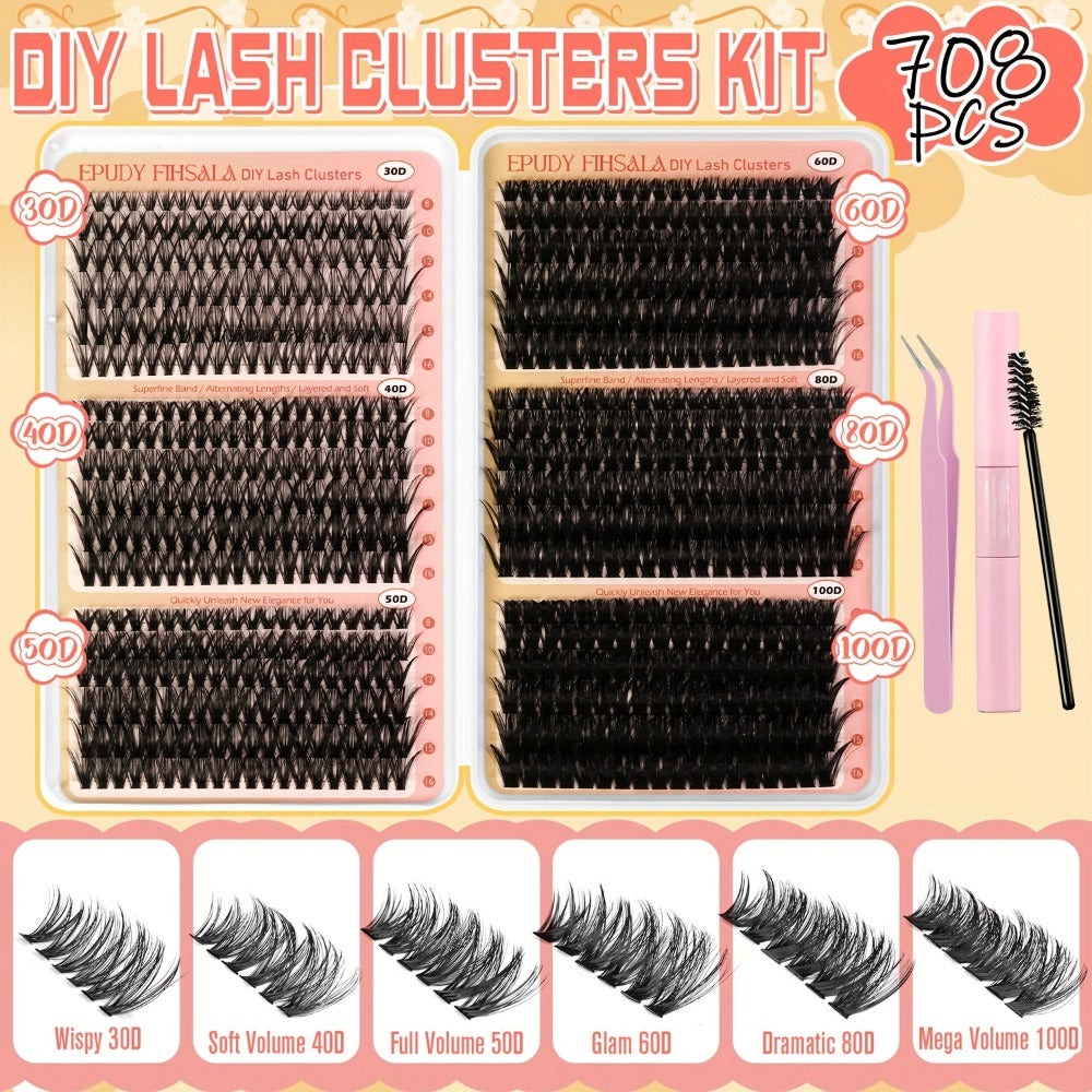 708Pcs Mixed Density Lash Clusters Kit 8-16mm 30D-100D Mega Volume with Glue Tweezers & Brush – Soft Reusable DIY Cluster Lashes for Natural to Dramatic Salon-Style Eye Makeup at H - product image 3