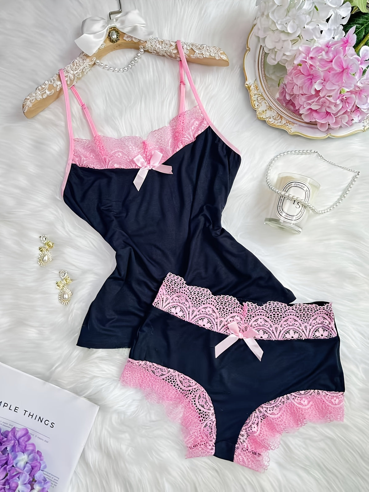 Contrast Color Lace Splicing V-Neck Bow Splicing Soft and Comfortable Skin-Friendly Casual Home Pajamas Set - product image 15