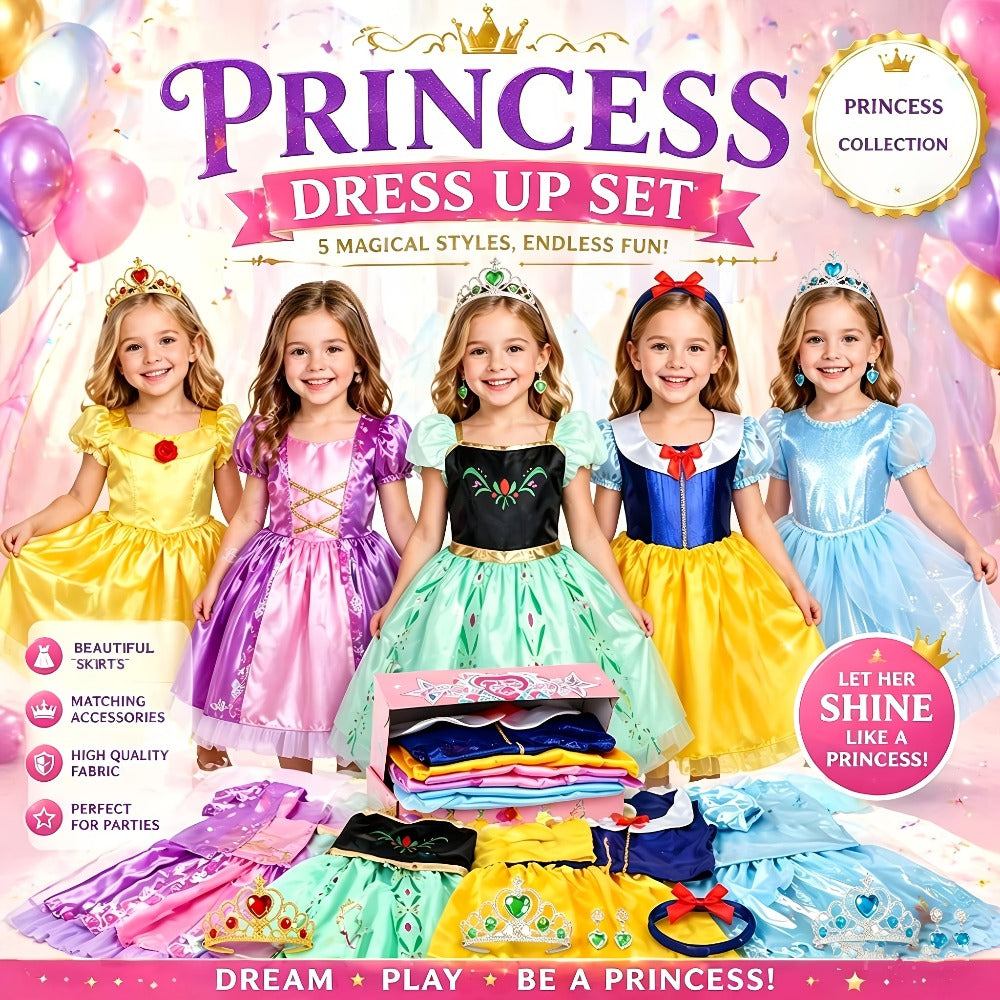 5 Role Play Outfits with Crowns, Earrings & Storage Box, Toddler Princess Costumes for Girls Ages 3-6, Birthday Gift | Girls Princess Dress Up Costume Set 14pcs