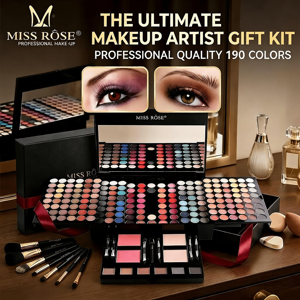 Makeup Palette Kit 190 Colors 4-in-1 Full Face Set – Eyeshadow Blush Powder & Eyebrow with 8 Professional Brushes & Mirror, Shimmer & Matte Shades, Complete Makeup Kit for Women Gi - product image 2