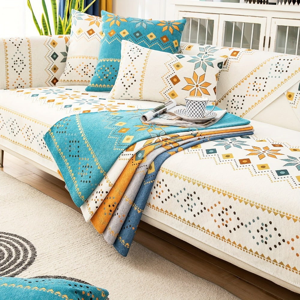 Bohemian Chenille Sofa Cover | Geometric Print Non-Slip Couch Slipcover, Thick Plush Boho Style, 1 to 4 Seat, Armrest & Backrest, Machine Washable, Sectional Sofa Protector - product image 2