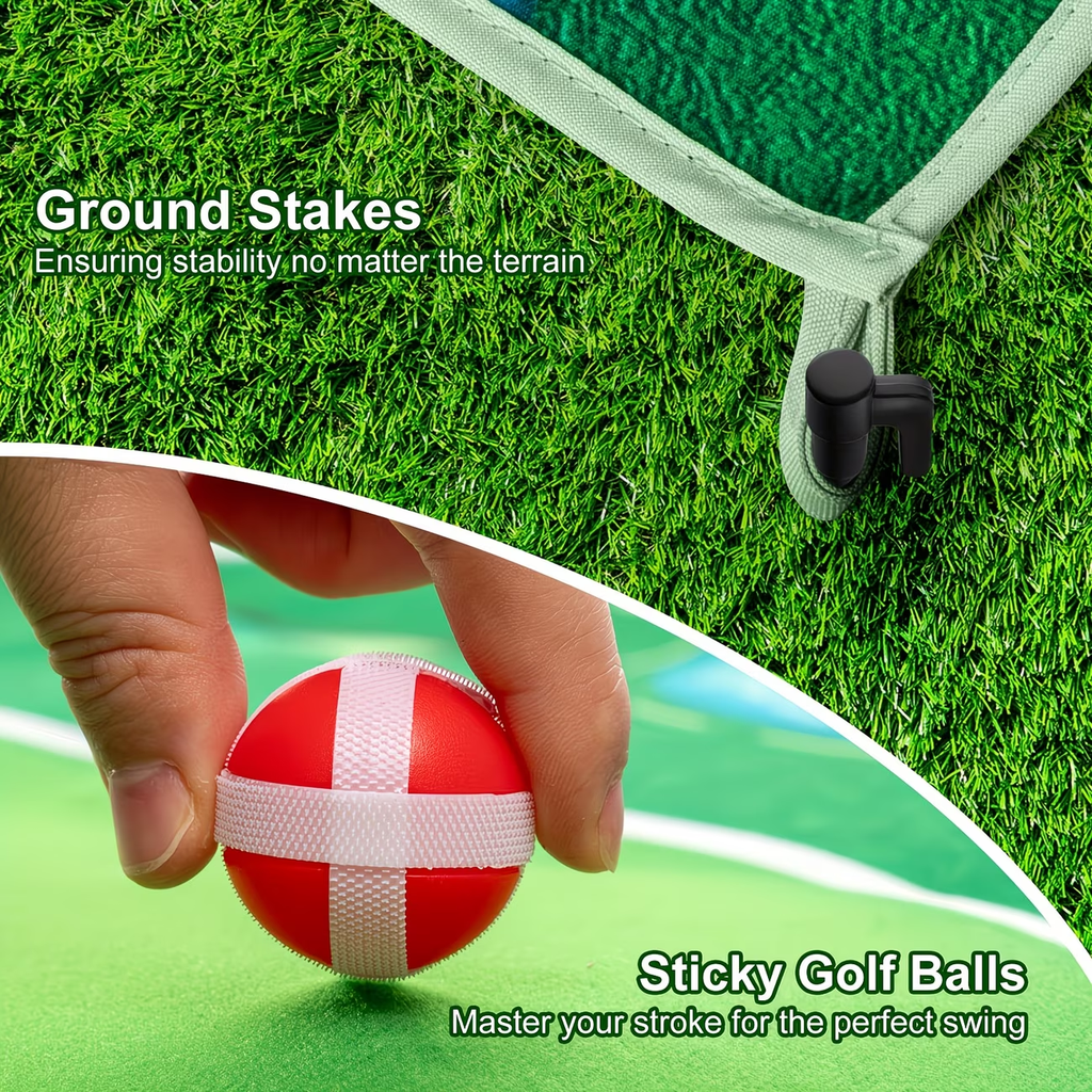 Golf Chipping Game Mat Set for Adults – Indoor Outdoor Golf Game Equipment with 12 Sticky Balls, 4 Ground Stakes, Score Card & 2 Storage Bags, Fun Golf Game for Home Backyard Office