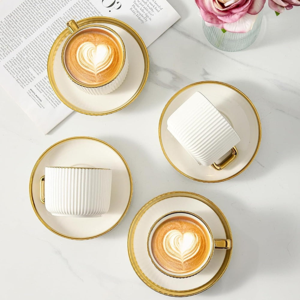 Ceramic Cappuccino Cups with Saucers Set of 6 – 8oz Coffee Mugs with Golden Trim, Latte Art Cups for Espresso Mocha, British Italian Style Café Cups and Saucer Sets for Home Kitche - product image 5
