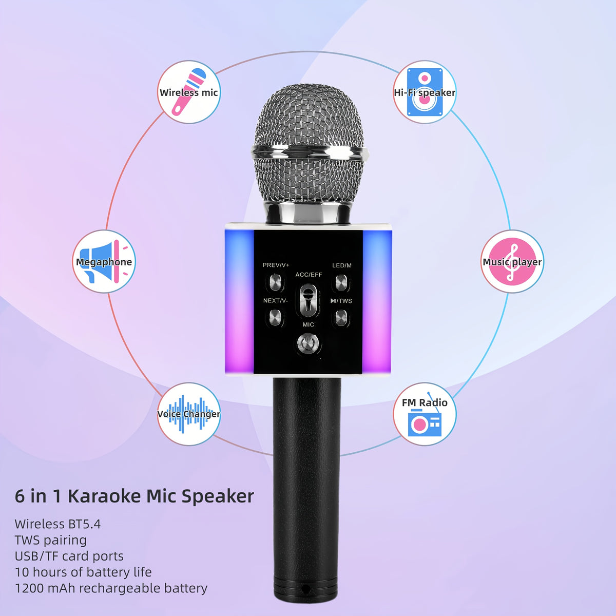 Wireless Karaoke Microphone Speaker with LED Lights and Fun Voice Changer - Portable Singing Mic, Perfect for Holiday Parties, Christmas Family Gatherings, New Year Celebrations