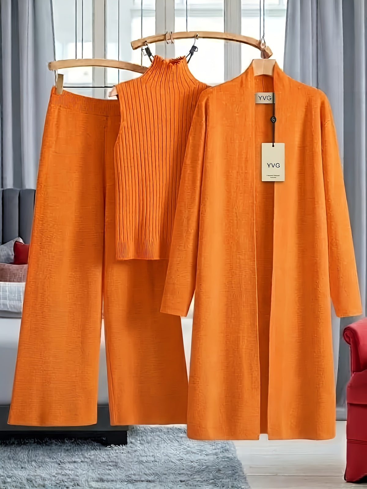 Genuine - Women's Autumn and Winter New Loose Set: Long Wide-Leg Pants + Shawl Cardigan + High-Collar Sweater Vest Fashion Three-Piece Set