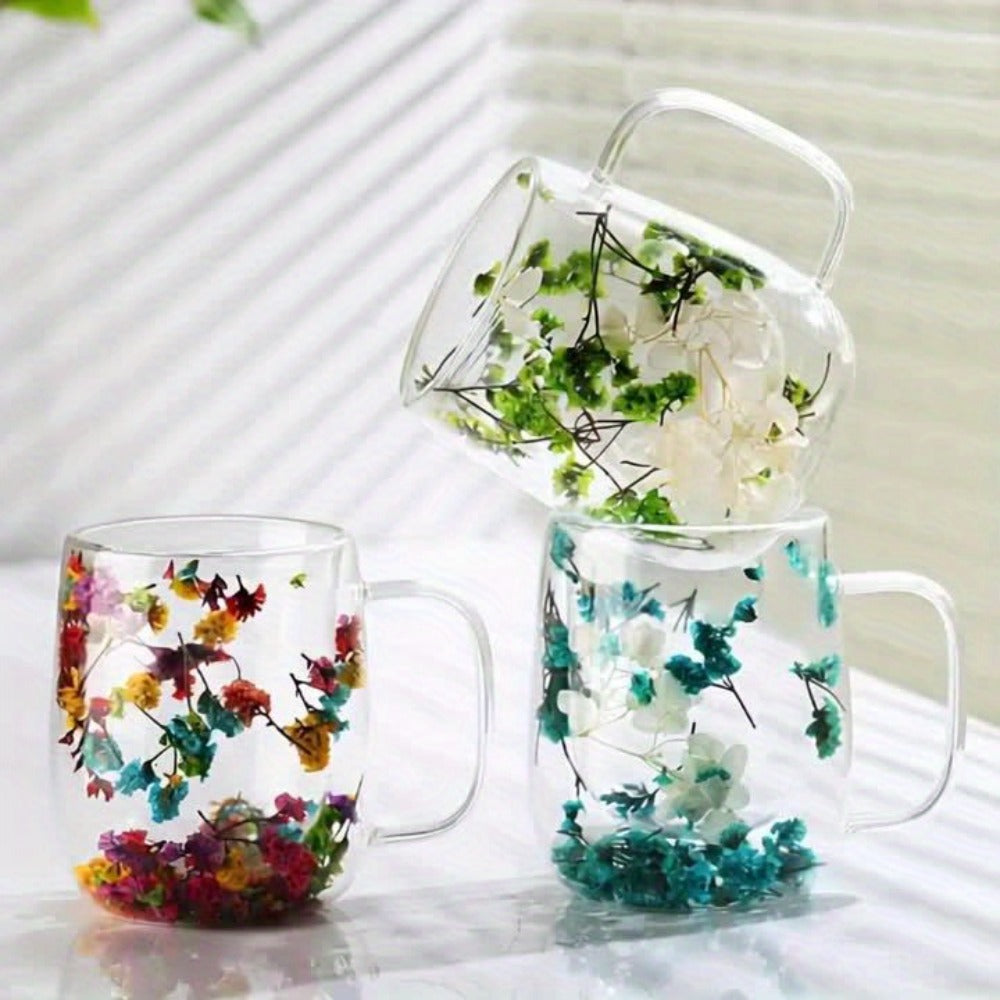 Double Wall Glass Coffee Cups with Handle Set of 4 – Borosilicate Thermal Mugs for Latte Cappuccino Tea | Dried Flower & Petal Design Transparent Drinkware for Office Home Gifts - product image 11