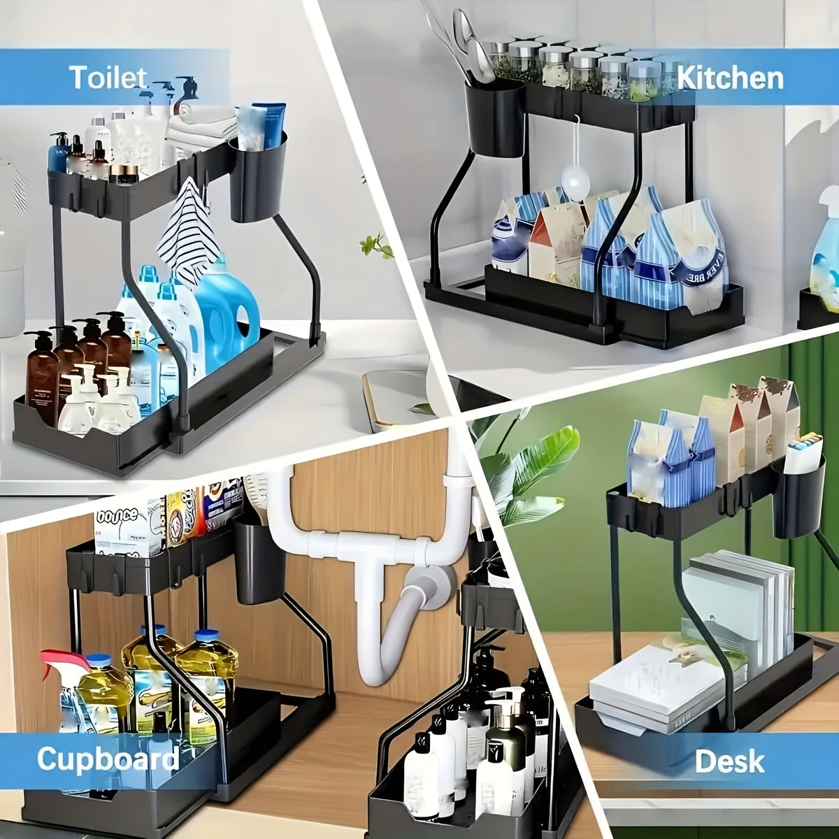 2pcs Under Sink Organizer with Sliding Shelves Multi-Purpose Black Plastic Storage Basket for Bathroom and Kitchen Cabinet Durable Construction Bathroom - product image 12
