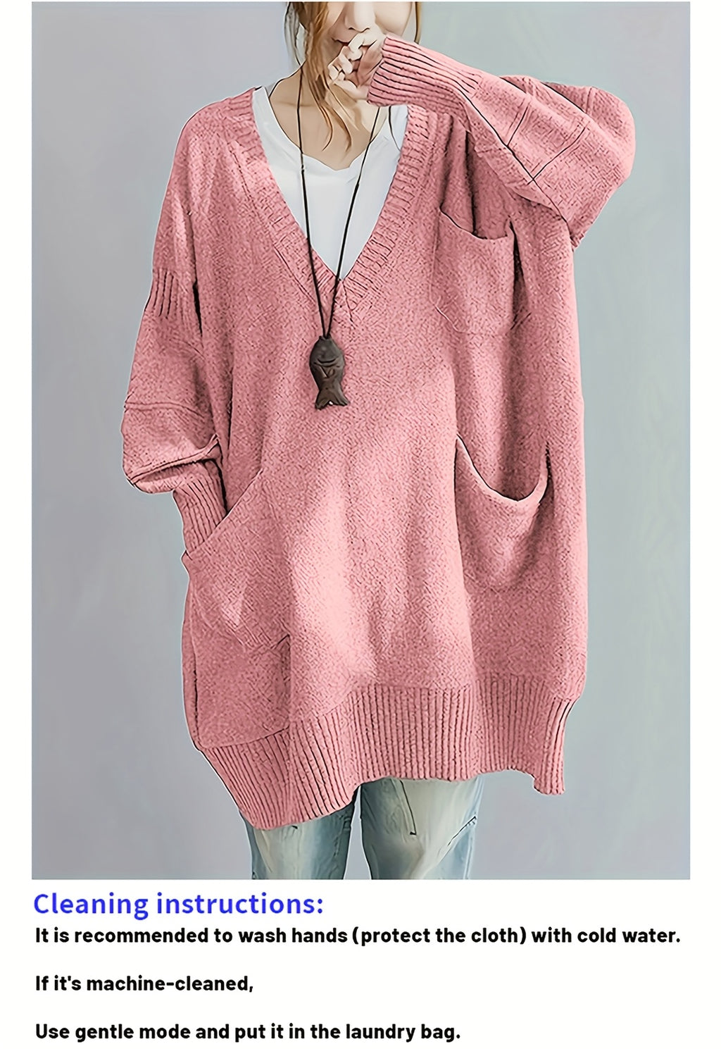 Plus Size, Women's Plus Size Oversized V-Neck Longline Sweater - Soft Machine-Washable Black Pullover for Fall Winter, Elegant Loose Fit Casual Chic Wardrobe - product image 30