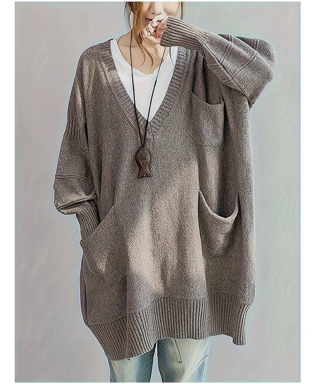 Plus Size, Women's Plus Size Oversized V-Neck Longline Sweater - Soft Machine-Washable Black Pullover for Fall Winter, Elegant Loose Fit Casual Chic Wardrobe - product image 26