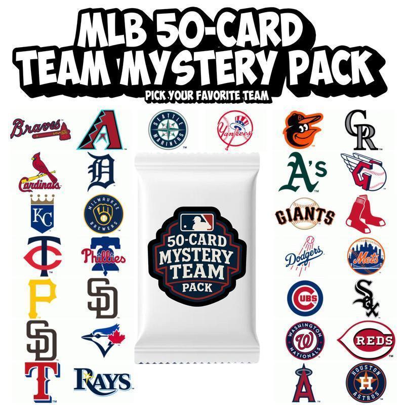 Team Mystery Pack 50 Baseball Cards – Choose Your Team – Stars Rookies Inserts & Parallels – Gift for Baseball Fans & Collectors – Authentic Licensed Cards