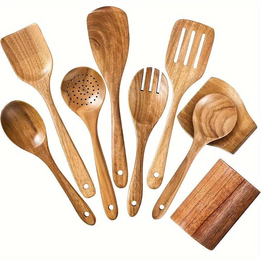 Teak Wood Kitchen Utensil Set 3 Piece Solid Wood Cooking Spoon Rice Spoon High Temperature Resistant Non-Stick Pan Safe Wooden Cooking Utensils Polished Finish - product image