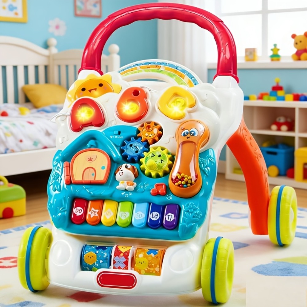 Sit to Stand Baby Push Walker 2-in-1 Adjustable Speed Learning Walker Detachable Play Panel 7-Mode Piano Light-Up Buttons Sound Effects – Baby Shower Birthday Gift – Infant Walking Toy for Boys Girls