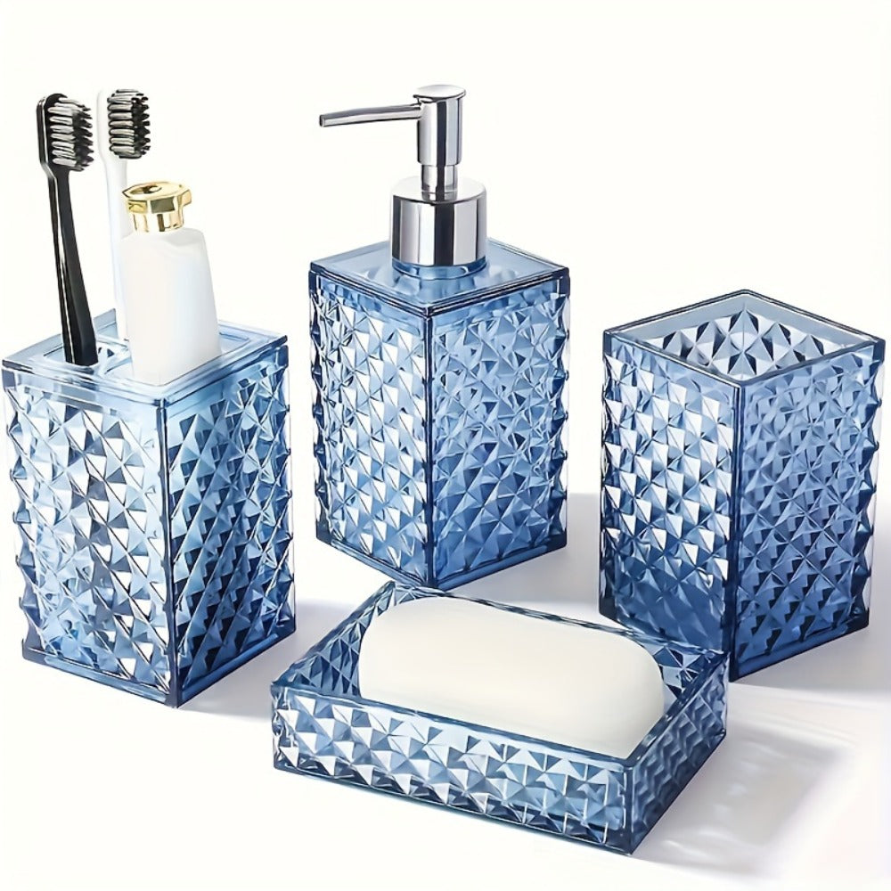 Bathroom Accessories Set 4-Piece Diamond Grid Plastic Organizer Soap Dispenser Toothbrush Holder Grey Blue Green - product image