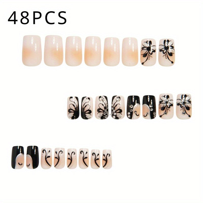 Matte Press On Nails 48 Pieces Black White Square – French Tip Butterfly Pattern Full Cover Detachable False Nails for Women | Elegant Nail Art Gift Set for Valentines Day Holiday  - product image 10