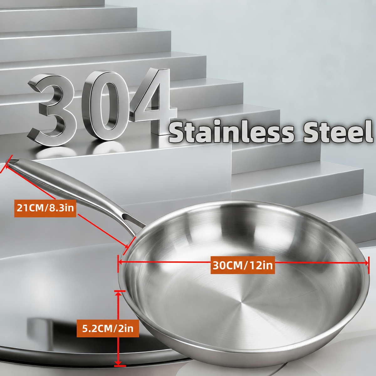 304 Stainless Steel Frying Pan Skillet | 3-Ply Base Even Heat Distribution, Induction & Gas Compatible, Rivet-Free Interior, Healthy Non-Toxic Cooking Cookware for Home Kitchen