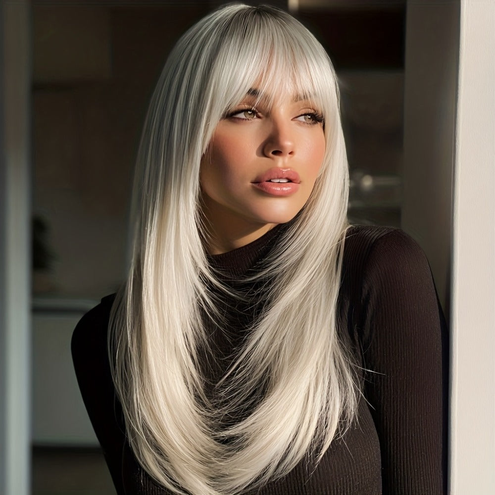 Platinum Blonde Ombre Synthetic Wig Layered Straight 20 Inch Long | Lightweight Chemical Fiber, Hairnet Included | Women Daily Wear Party Cosplay Festival Halloween - product image