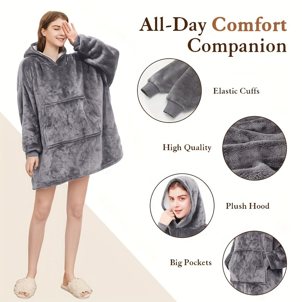 Reversible Hooded Wearable Blanket – Double-Sided Coral Fleece Suede Hoodie with Kangaroo Pocket, Machine Washable, 6 Colors - product image 4
