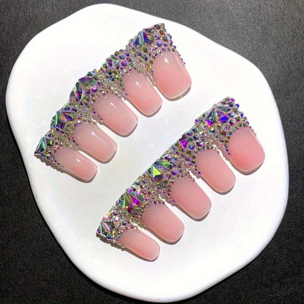 Press On Nails Duckbill French Tip AB Diamond Shiny Nude – Long Handmade Wearable Nail Set 10pcs with Tools for Wedding Party Date School S/M/L - product image 3