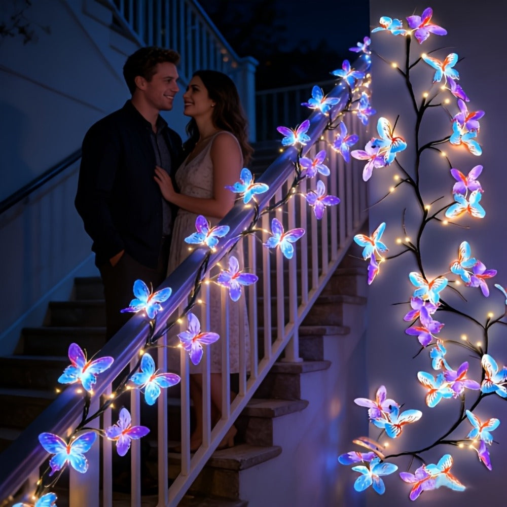 Butterfly Branch String Lights – 30 LED Vine Fairy Lights with Artificial Purple-Blue Butterflies, 8 Lighting Modes, USB Powered Warm White, Boho Wall Decor for Bedroom Wedding Bir - product image