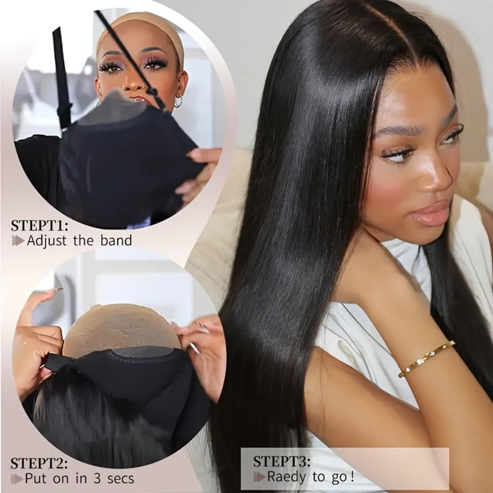 Put On and Go Wig 6x4.5 HD Lace Human Hair Straight 250% Density Glueless Pre-Plucked Pre-Cut Pre-Bleached Knots Long Straight Wig for Women 22-36 Inch Natural Black - product image 10