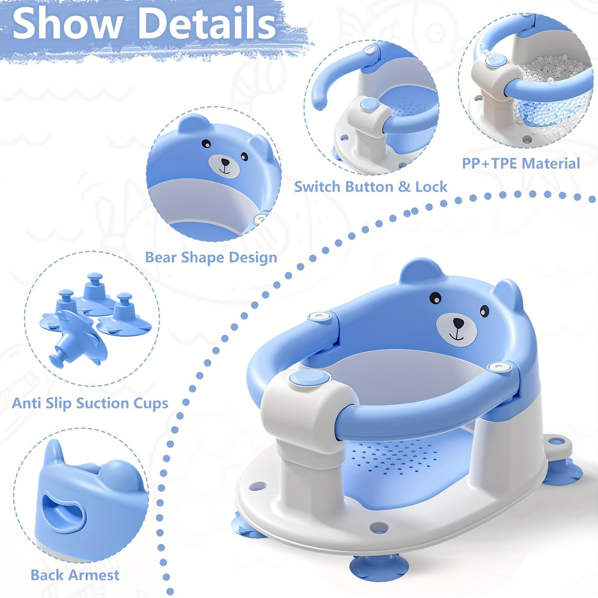 Baby Bath Seat for Babies 6 Months & Up, Toddler Bath Seats for Babies Sitting Up, Non-Slip Infant Bath Tub Chair with 4 Suction Cups & Soft Cushion for - product image 3