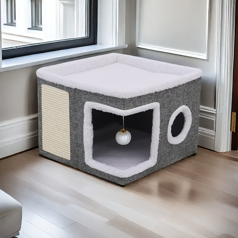 Cat House Collapsible Multi-Layer 2-Tier Bed Toy Tunnel Scratching Post Plush Hanging Ball Canvas Nylon Frame All-Season Indoor Cat Cube Enclosure Gray Classic - product image 4