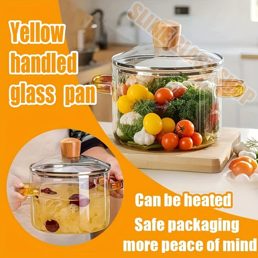 Borosilicate Glass Pot with Lid 50oz Stovetop & Microwave Safe – Double Heat-Resistant Handles for Soup, Milk & Porridge | Transparent Glass Saucepan Kitchen Cooker with Yellow or  - product image 8