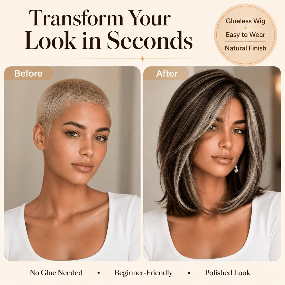 U Part Lace Front Bob Wig 4x1 Glueless Rose Net Cap Middle Part Natural Hairline Synthetic Wig for Women 14 Inch Brown Highlights Milky White Black Pink - product image 9