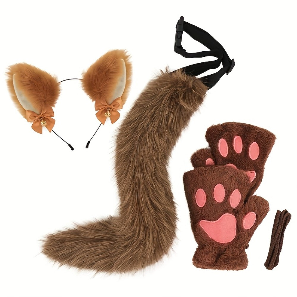 Bell Ear Headband, Plush Paw Gloves & Adjustable Tail for Halloween, Cosplay, Role Play & Stage Performances, Cute Gift for Women Girls, Grey White Brown Pink - product image 8