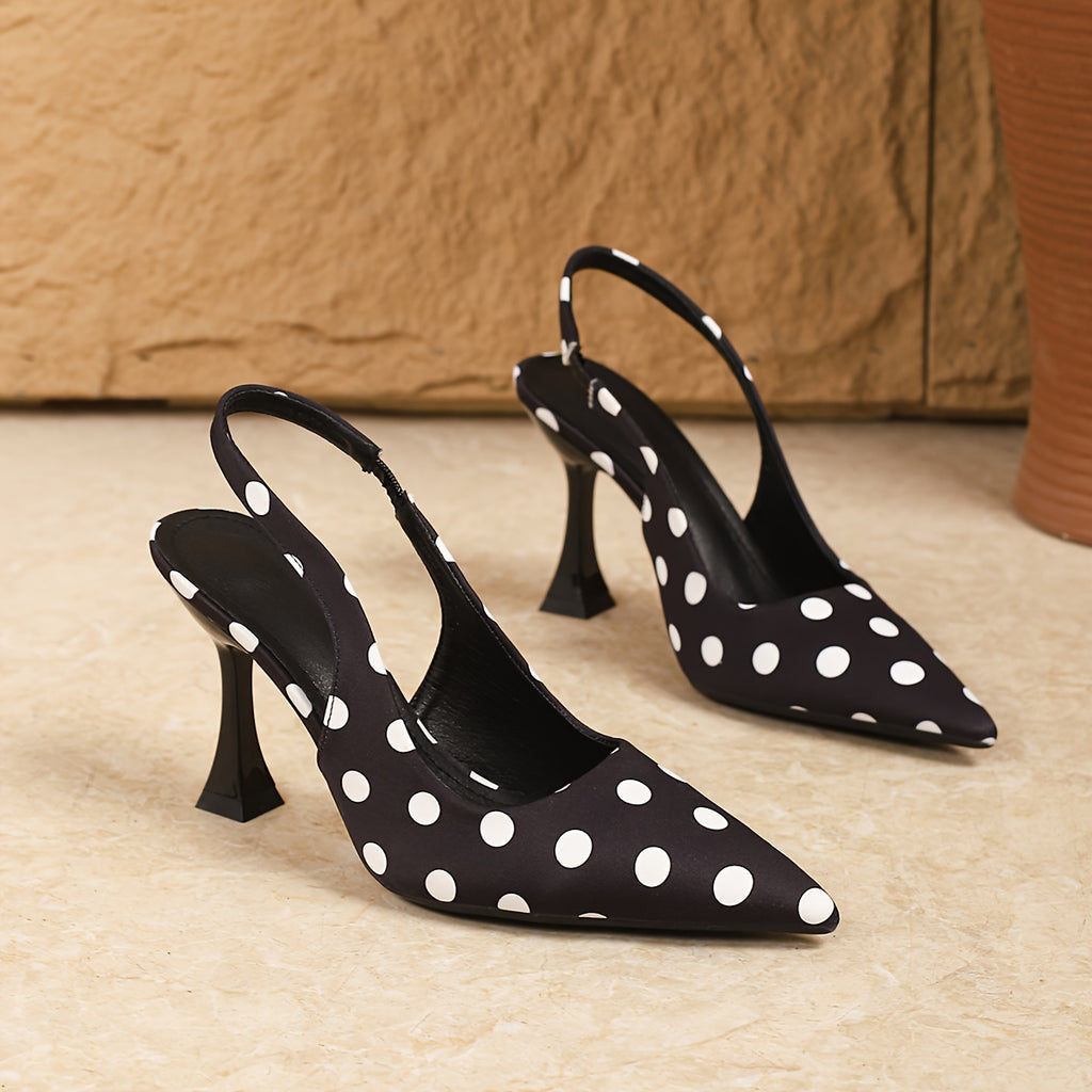Polka Dot Pointed Toe Women's Sandals, Horn Slim Heels Comfortable, Black and White Classic Color Casual Women's High Heels, Retro and Fashionable Daily Commuting Style