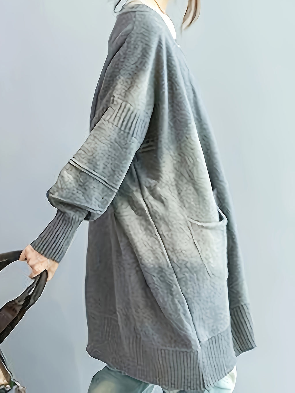 Plus Size, Women's Plus Size Oversized V-Neck Longline Sweater - Soft Machine-Washable Black Pullover for Fall Winter, Elegant Loose Fit Casual Chic Wardrobe - product image 32