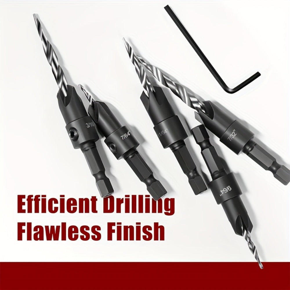 5pcs Countersink Drill Bit Set #4 #6 #8 #10 #12 Tapered with 1/4" Hex Shank Quick-Change – Adjustable Wood Counter Sinker Bits with Allen Wrench for Woodworking - product image 6