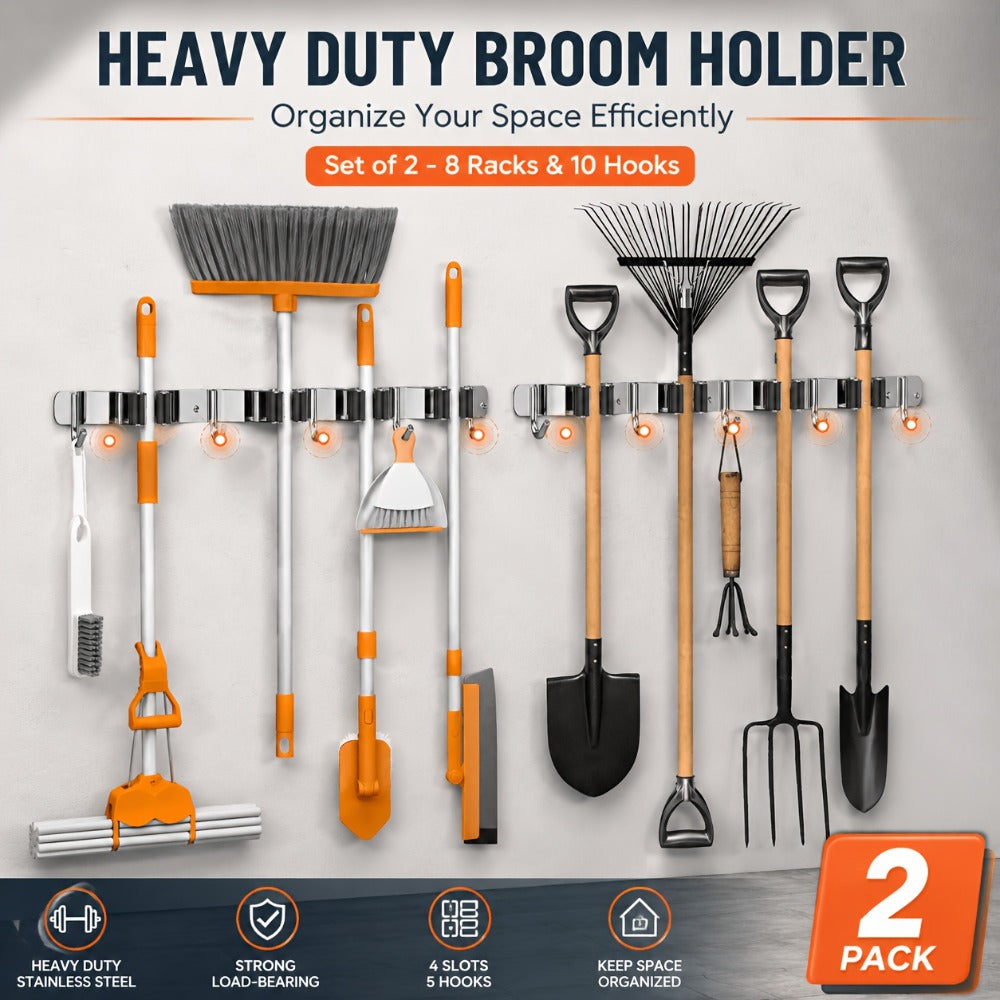 Wall Mounted Broom & Mop Holder – 304 Stainless Steel Broom Organizer with 4 Racks & 5 Hooks – Rustproof Non-Slip Wall Broom Hanger for Kitchen, Garage, Bathroom, Laundry & Closet  - product image