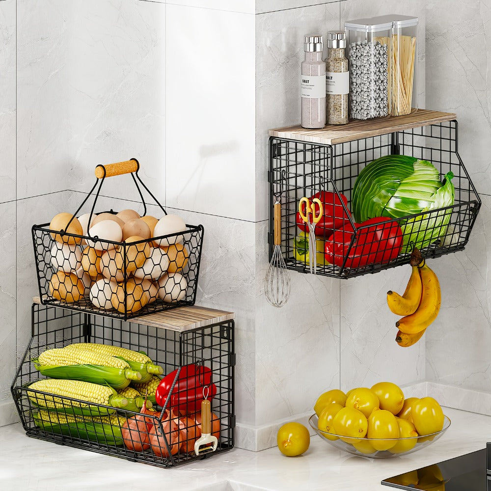 Stackable Metal Wire Fruit Basket with Lid – 1 or 2-Tier Hanging Kitchen Pantry Storage Bin, Wall-Mounted or Countertop Vegetable Organizer for Potato, Onion & Produce, Black - product image 9