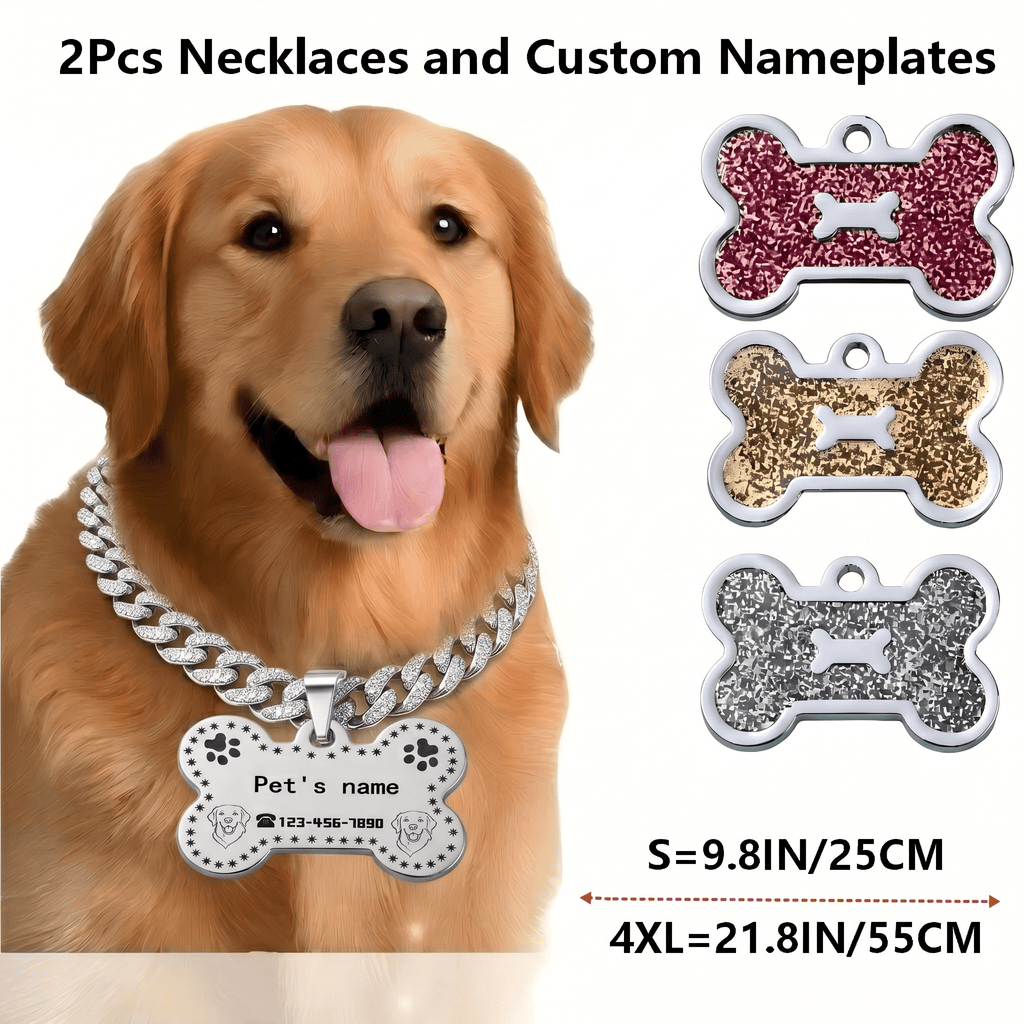 2pcs Engravable Bone-Shaped Tag with Rhinestone Collar for Dogs & Cats S to 4XL – Pet ID Tag & Cuban Link Collar Set - product image 2