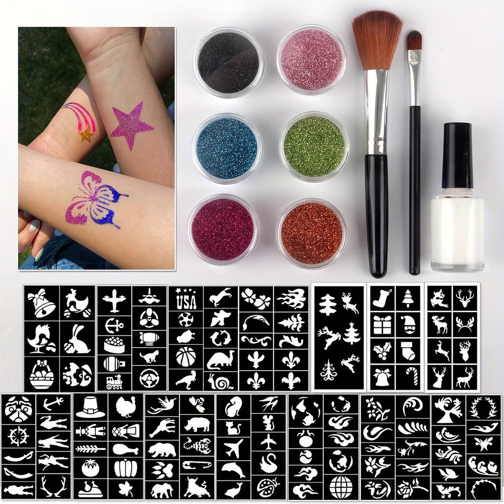 Glitter Tattoo Kit for Kids & Adults – 14 Stencil Sheets 6 Metallic Colors Skin-Safe Body Glue 2 Brushes Temporary Body Art Set for Birthday Parties Festivals Halloween Rave Costum - product image 7