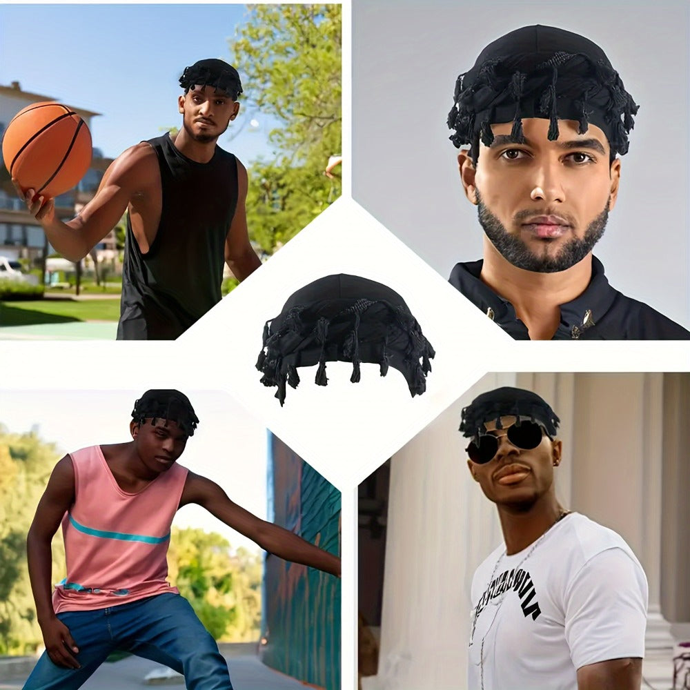 Soft Elastic Durag Head Wraps for Outdoor, Festival, Cosplay & Daily Wear, 4 Colors Green Yellow Red Blue, Unisex Gift Set – 5pcs Vintage Ethnic Turban for Men with Tassel