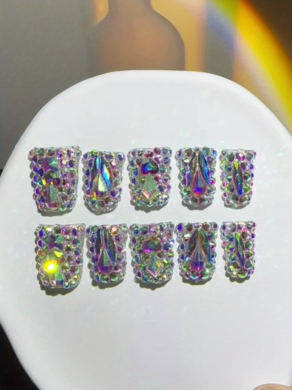Short Duckbill Press On Nails 10pcs Handmade AB Crystal Colorful Diamond Glossy – Reusable Non-Toxic Salon Quality Spring Summer Nail Art Set with Gel Adhesive Tabs S M L for Women - product image 8