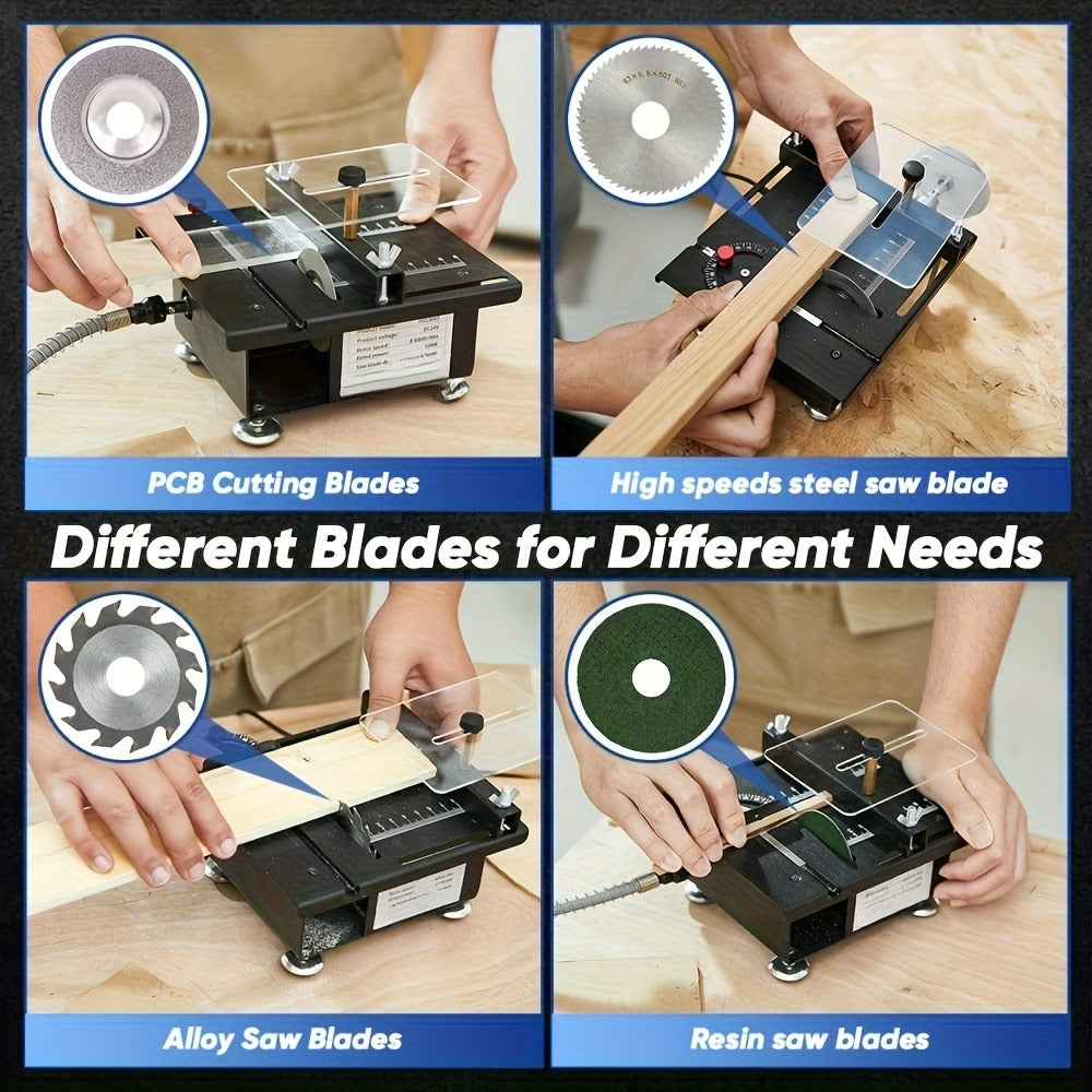 Mini Table Saw Multifunctional Desktop Cutting Machine – 100W Motor, 7-Speed Adjustable, 0–90° Angle Cut, 4 Saw Blades Included, Portable DIY Table Saw for Wood, Metal, Plastic, PC - product image 9
