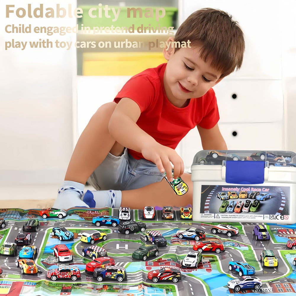 56 Mini Die-Cast Vehicles for Kids Boys Girls Ages 3+, Party Favors Birthday Christmas Gift – 64 Pcs Pull Back Toy Car Set with City Map, Traffic Signs - product image 4