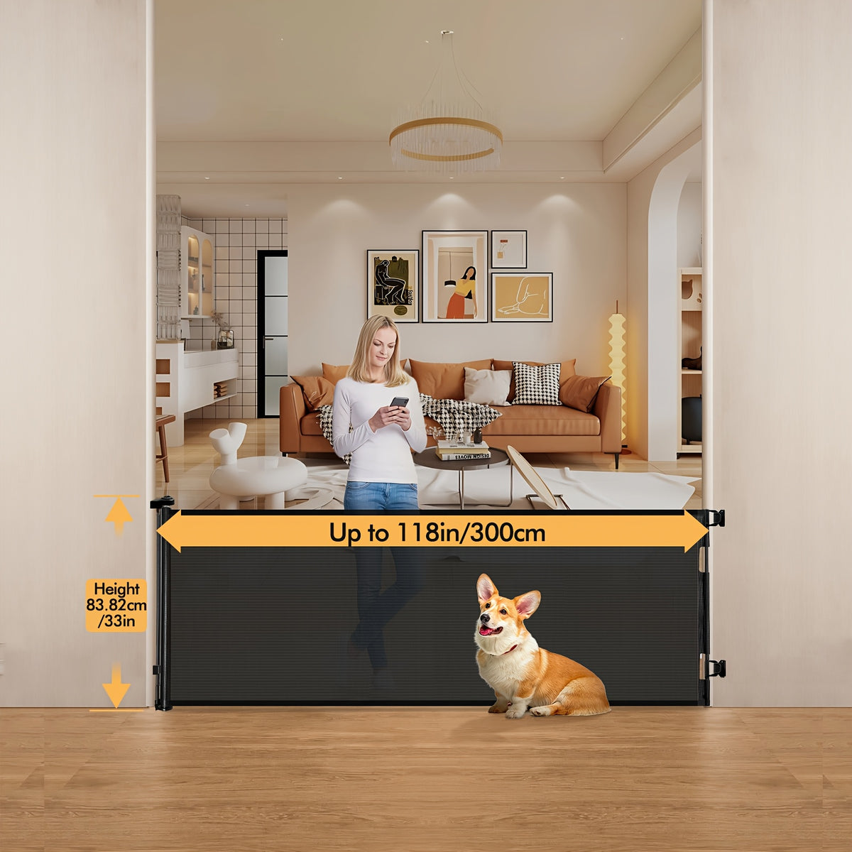 Retractable Gate, Mesh Gate, 33"/41"Tall Safety Gate for Doorways, Stairs, Hallways, Indoor/Outdoor, (Black/White/Grey), As A Holiday Gift - product image 3