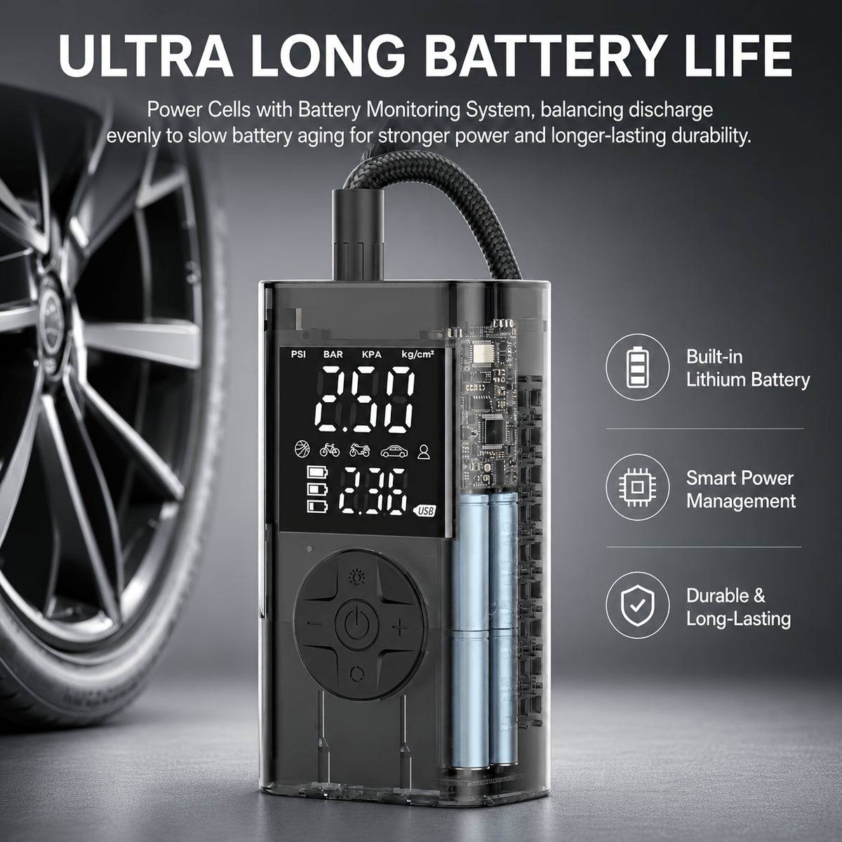 Portable Tire Inflator with Digital Pressure Gauge, Portable Air Compressor, 150PSI/210 PSI, 22 Cylinders, Built-In 12V Car Emergency Jump Starter and Battery - product image 31