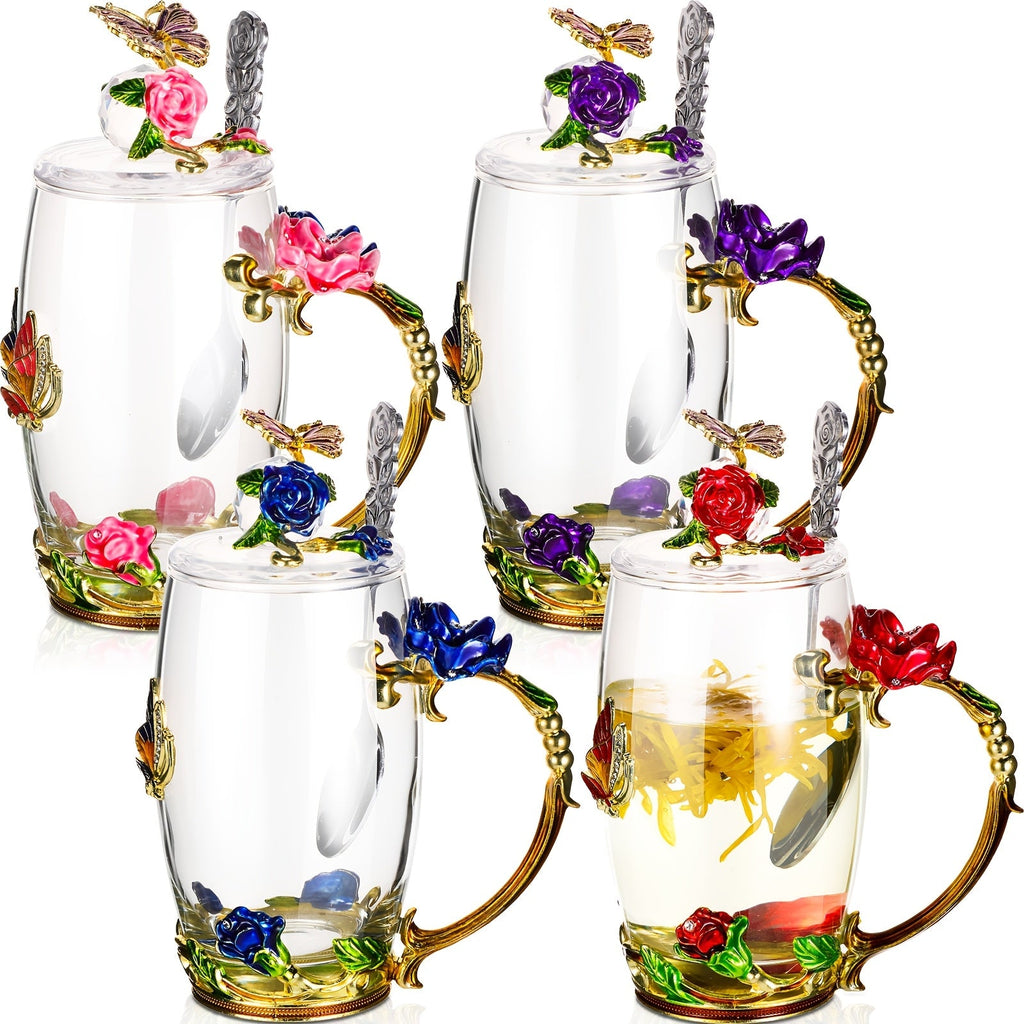 Flower Glass Tea Cups with Lids and Spoon 4 Sets Butterfly Vintage Floral Clear Glass Coffee Mugs 12oz Gift for Women Mom Wife Girlfriend Mother's Day Pink Purple Blue Red - product image 7