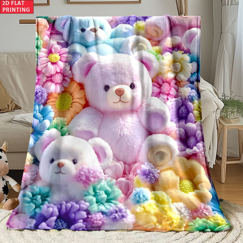 Teddy Bear Floral Blanket 2D Flat Print - Soft Lightweight Colorful Throw for Sofa Bed Travel Camping Office Living Room, Cute Animal Flower Pattern Home Decor Blanket - product image 5