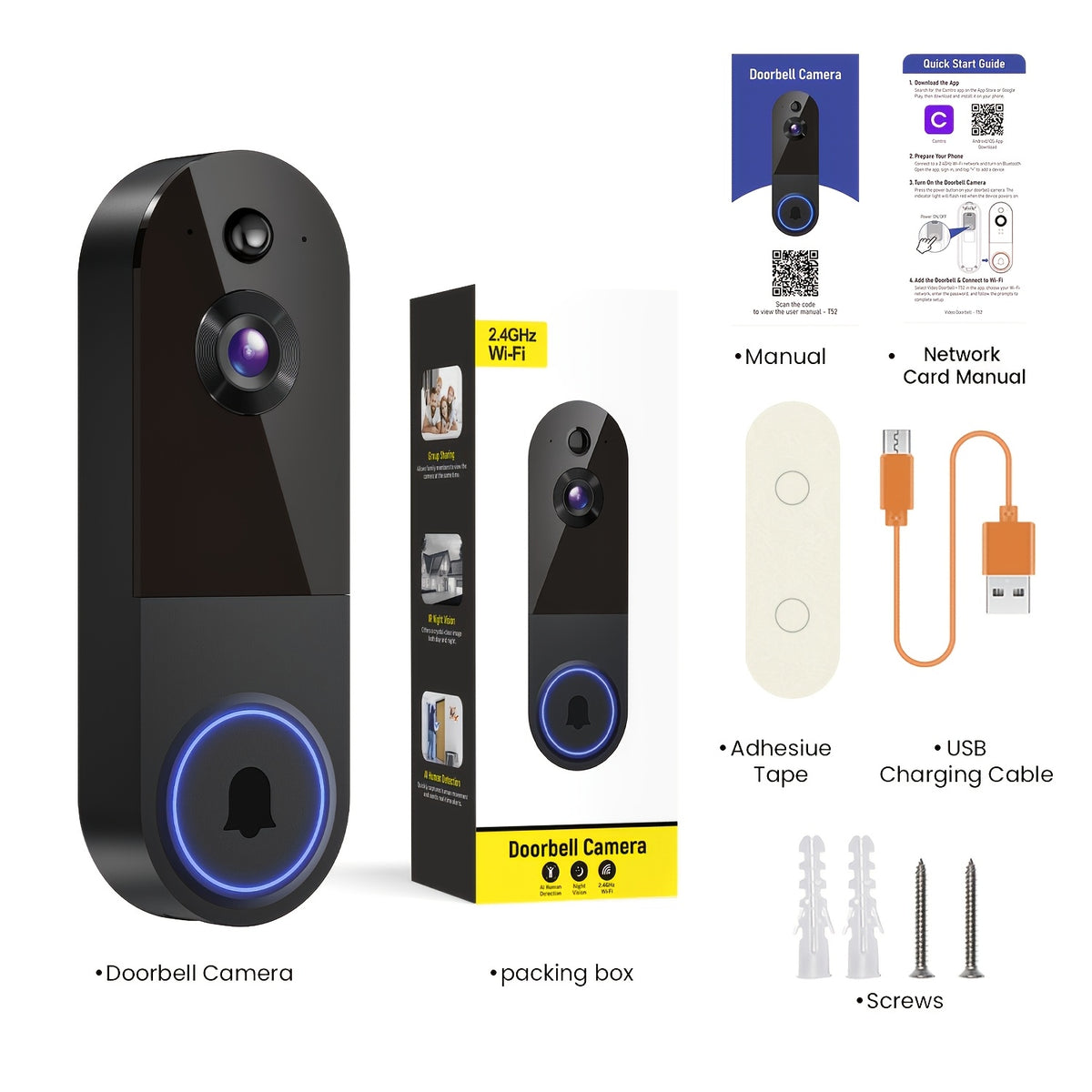 2K Wireless Smart Doorbell, WiFi Camera, Night Vision Function, Artificial Intelligence Snapshot, Rechargeable Battery, Photo and Video Taking, Two-way Intercom, Local Storage