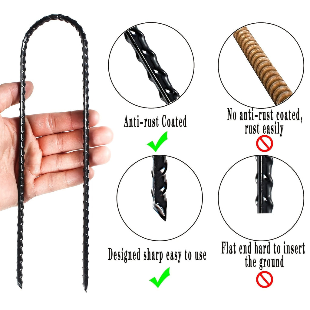 10 Inch Heavy Duty Rebar Stakes with Black Powder Coat, Safety Anchor Kit for Trampoline, Tent & Outdoor Equipment, Anti-Tip Metal Landscape Staples, 12 or 24 Pack – Trampoline Wind Stakes Ground Anchors