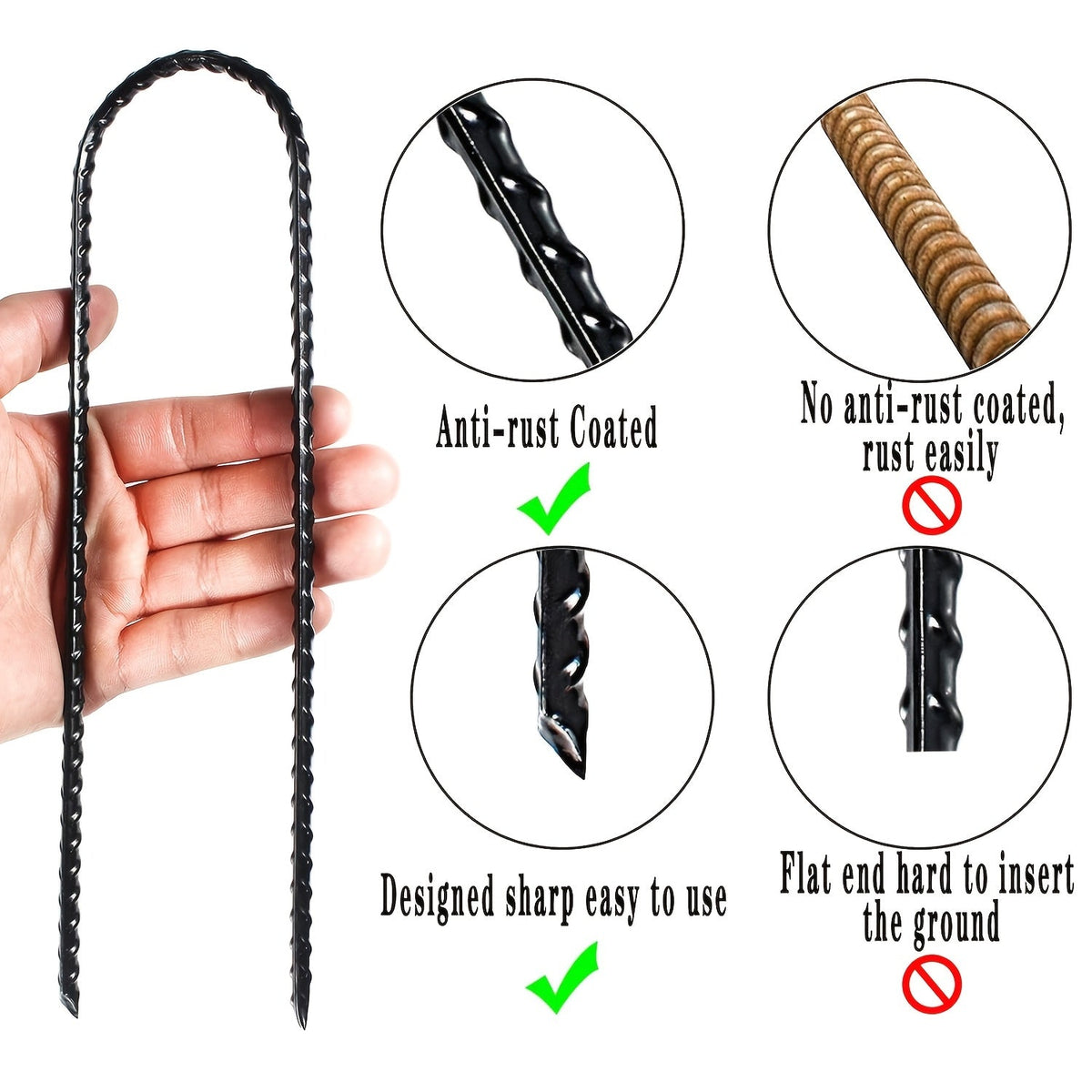 10 Inch Heavy Duty Rebar Stakes with Black Powder Coat, Safety Anchor Kit for Trampoline, Tent & Outdoor Equipment, Anti-Tip Metal Landscape Staples, 12 or 24 Pack – Trampoline Wind Stakes Ground Anchors