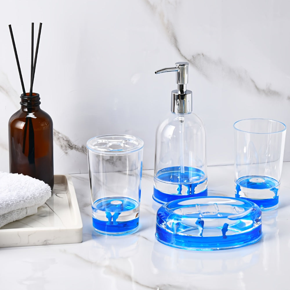 Bathroom Accessory Set 4-Piece 3D Floating Motion Acrylic Liquid Vanity Kit - Tumbler, Toothbrush Holder, Soap Dispenser & Soap Dish, Handcrafted Shell & Leaf Decor, Ocean Dolphin  - product image 8