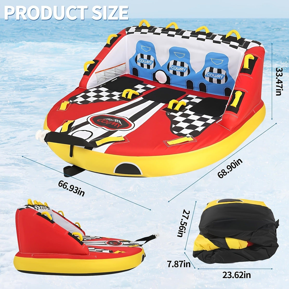 Inflatable Towable Tube for Boating – Heavy Duty PVC Pull Behind Water Tube with Front & Rear Tow Points, 840D Nylon Cover, Sofa Seat Design for 3-4 Riders - product image 8